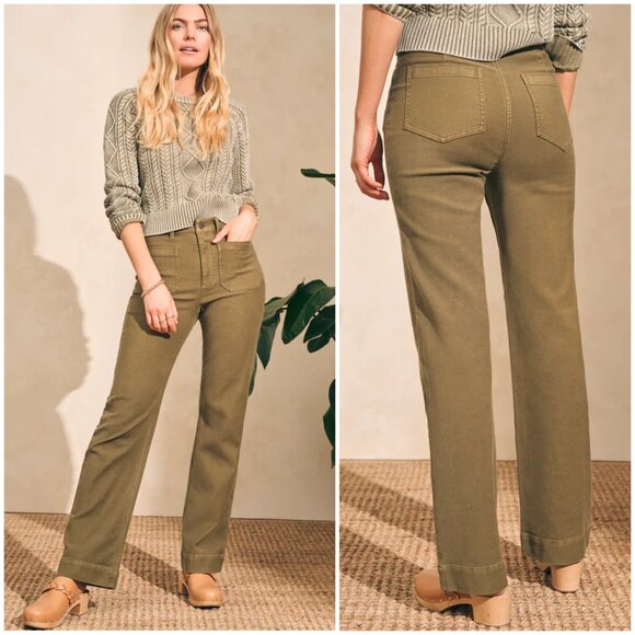 NWT Faherty Stretch Terry Patch Pocket Pant Military Olive Wide Leg size 28 - Picture 1 of 14